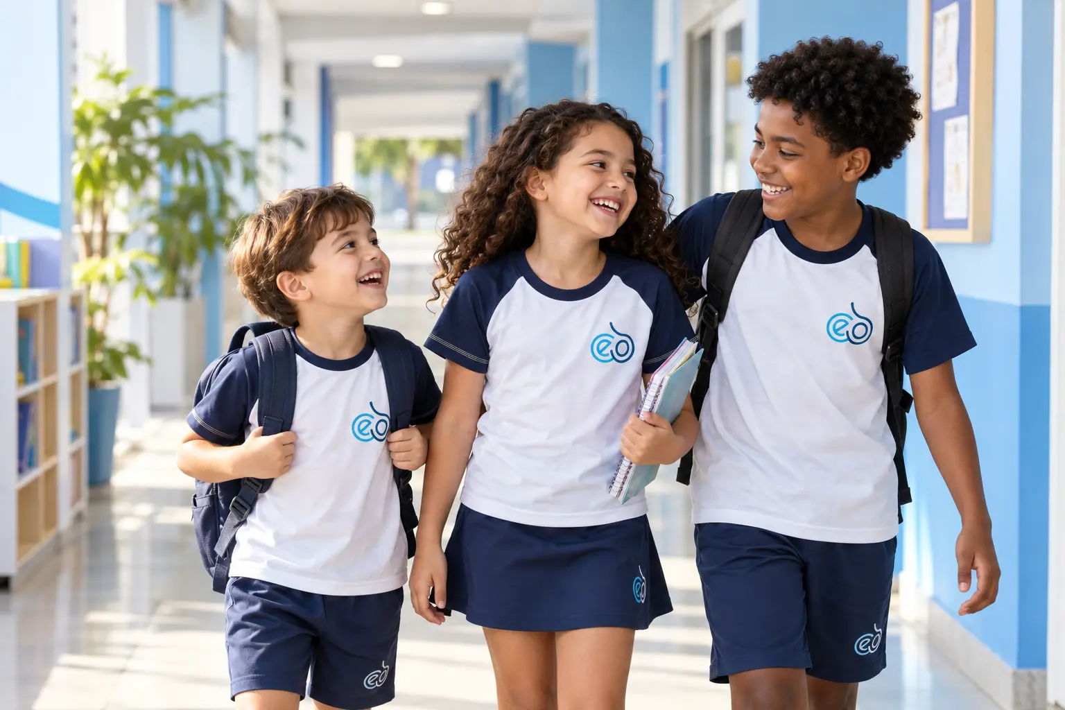 Três alunos do CEOS, de farda branca e azul-marinho, caminhando sorridentes pelo corredor