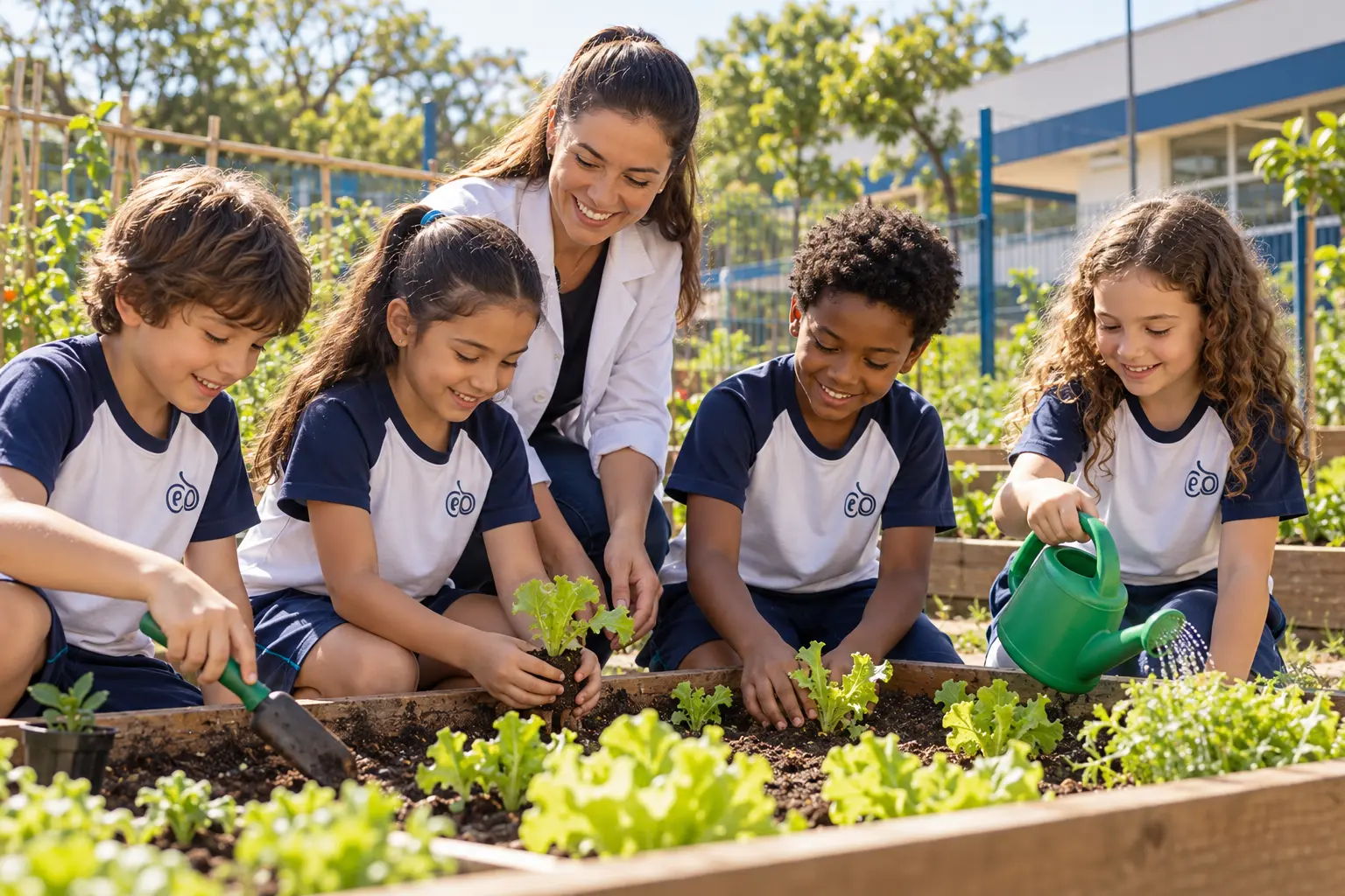 Alunos do CEOS plantando mudas na horta da escola com a professora